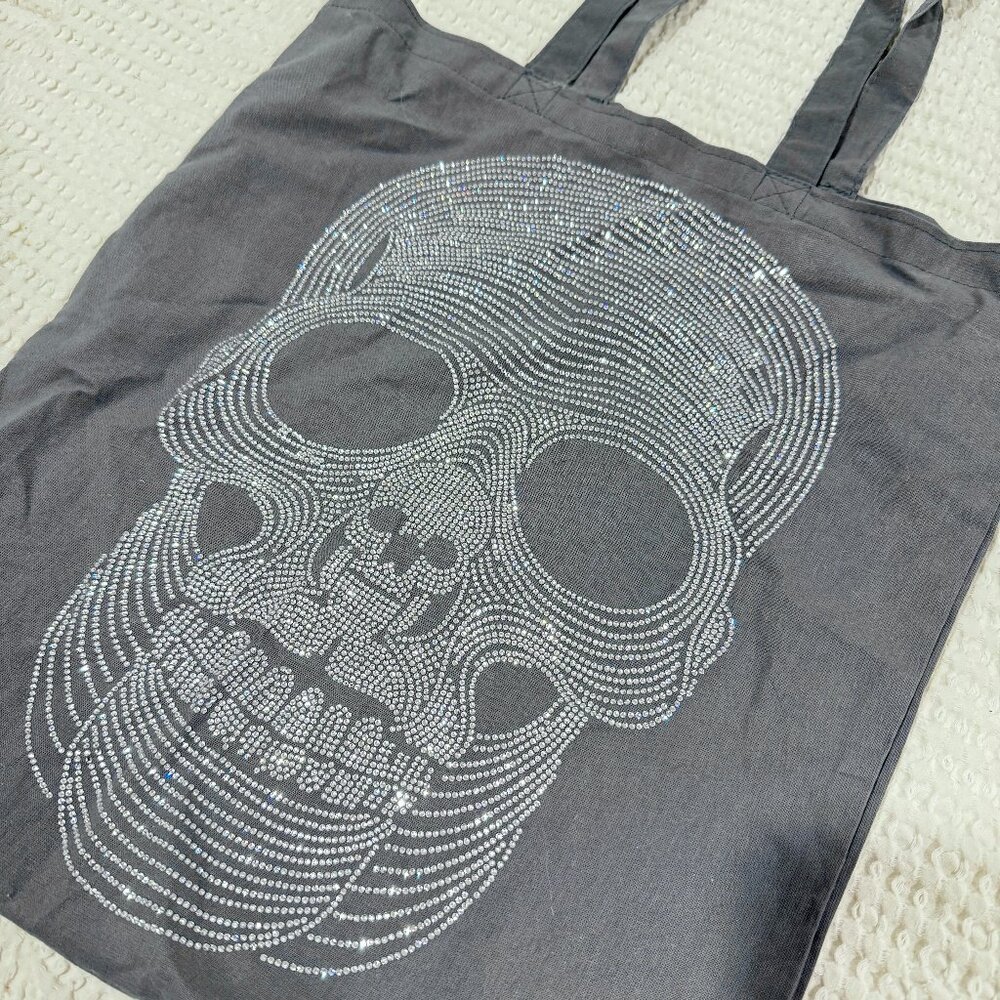Rhinestone embellished skull tote bag gray cotton